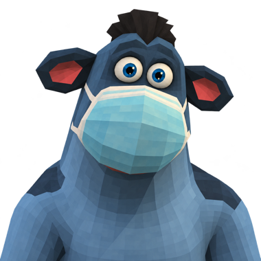 The blue cow in a mask, nervous