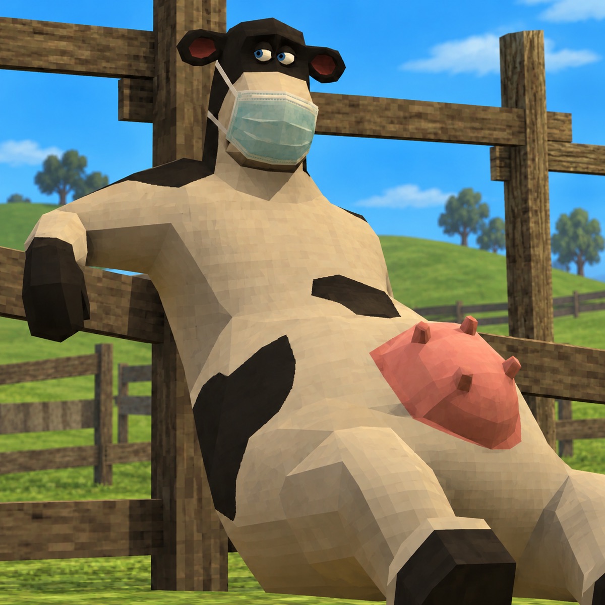 The black and white cow leaning back on a wooden fence, mask still on