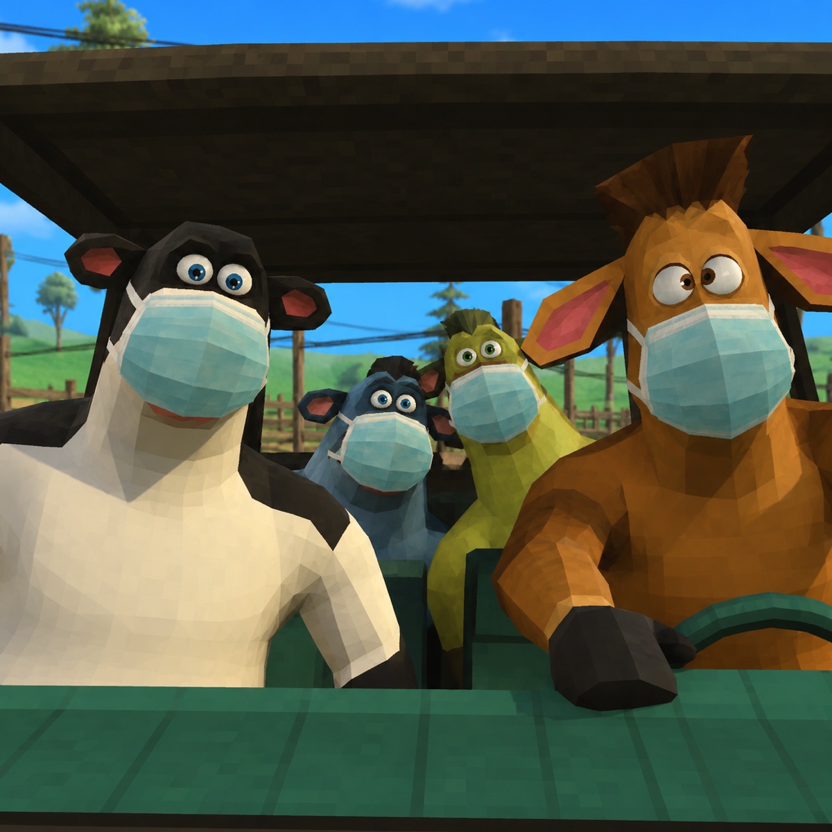 Four masked cows squeezed into a farm car, all staring at the camera