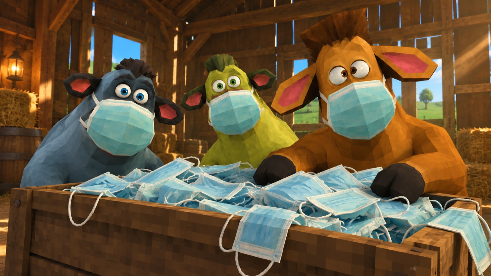 The blue, green and brown cows in masks behind a crate overflowing with surgical masks